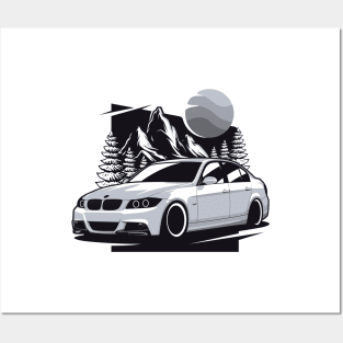 Silver E90 Sedan Mountains Posters and Art